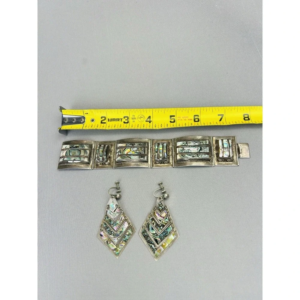 Sterling Silver Set‎ Of Mexican Cuff Bracelet And Dangle Earrings .925 Fan Fan